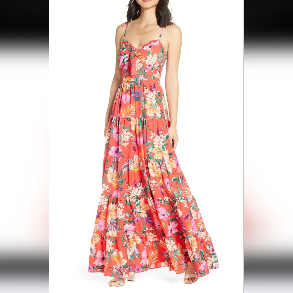 Eliza J Pink Floral Tie Front Tiered Maxi Dress Size 12 {Bx21} - Picture 2 of 12